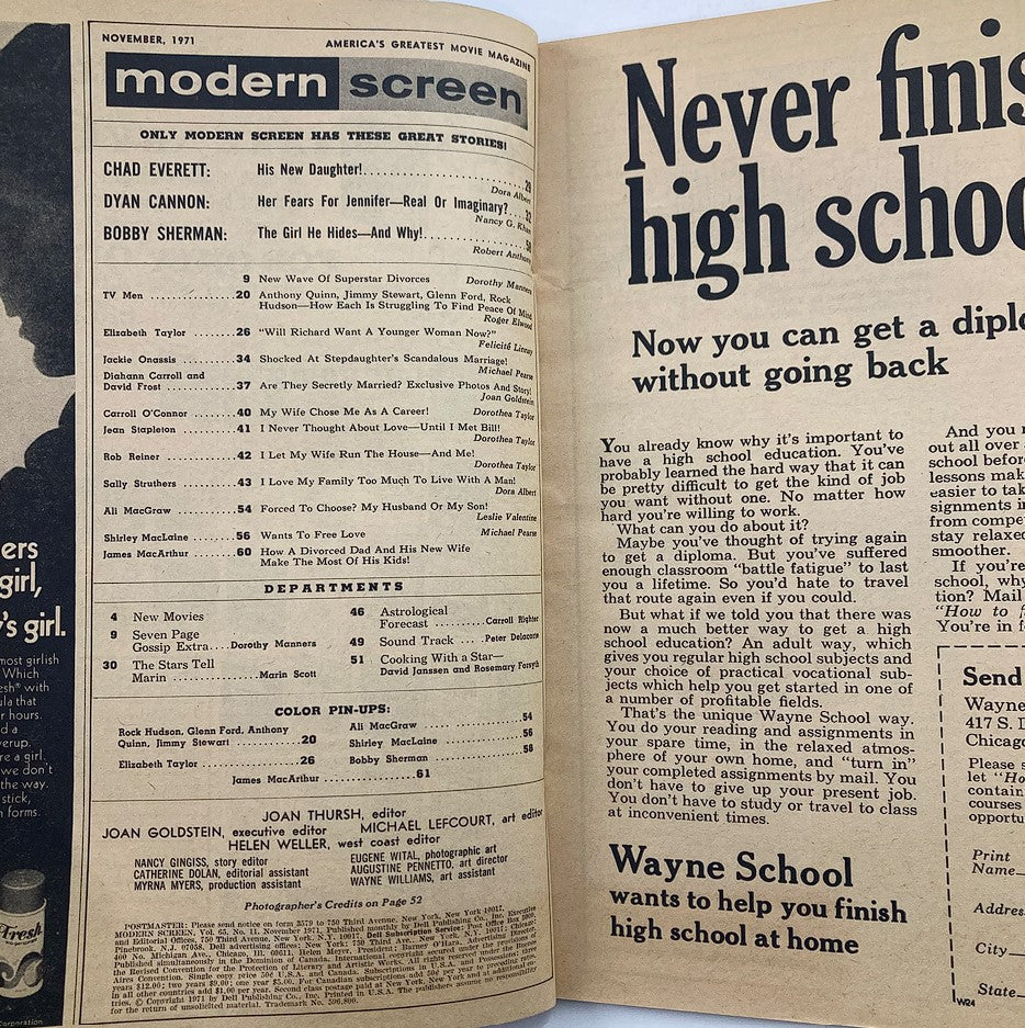 Inside pages of Modern Screen Magazine November 1971, displaying articles, celebrity features, and advertisements, including Liz Taylor's profile and Hollywood gossip.
