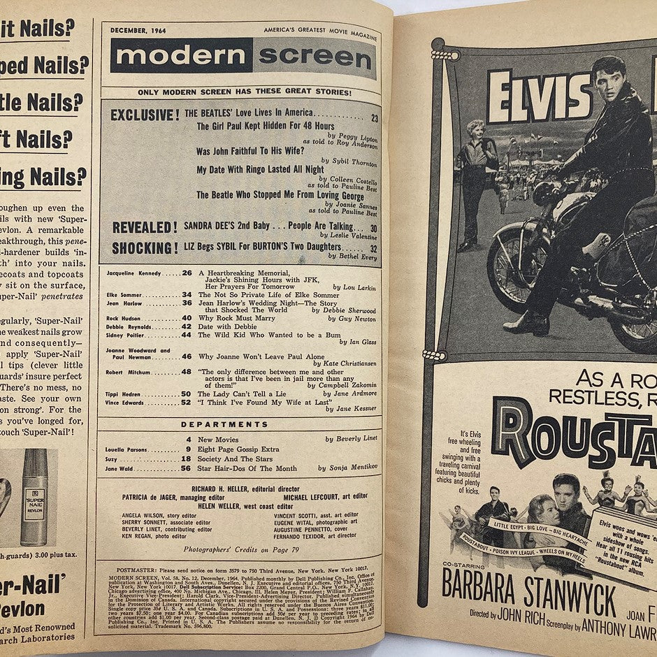 Inside pages of VTG Modern Screen Magazine December 1964, showcasing articles and advertisements including features on Jackie and John Kennedy, Elvis, and Hollywood icons, perfect for vintage memorabilia collectors.