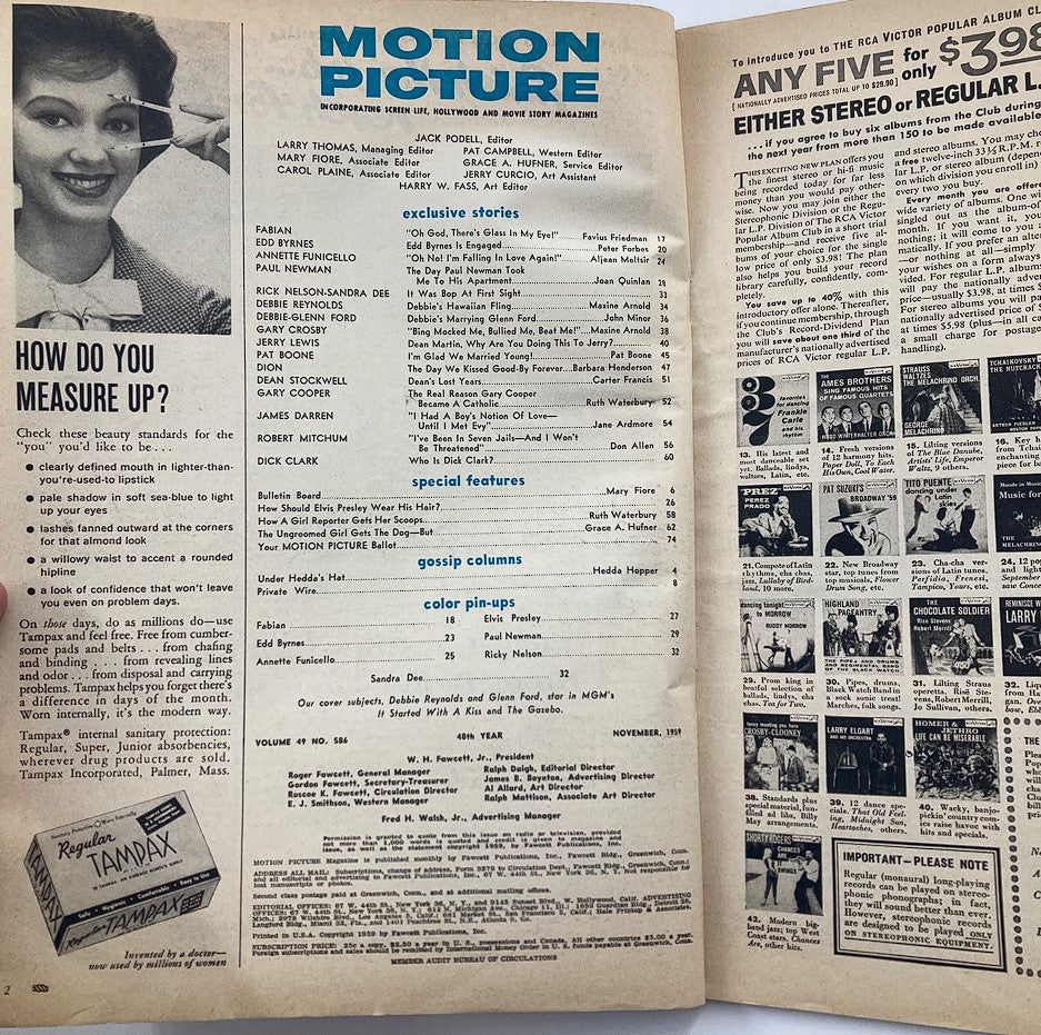 Inside page of the VTG Motion Picture Magazine November 1959, displaying content listings and articles related to classic Hollywood films and stars.