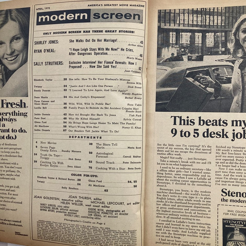 VTG Modern Screen Magazine April 1972 featuring articles on Dean Martin and Cathy Hawn, showcasing entertainment highlights and color pin-ups from the 1970s. Image of the magazine's interior pages with stories and advertisements.