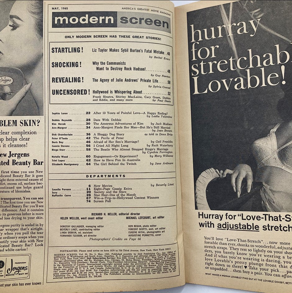 Interior page of VTG Modern Screen Magazine May 1965 featuring articles list, including Liz Taylor and Rock Hudson, showcasing vintage magazine design.