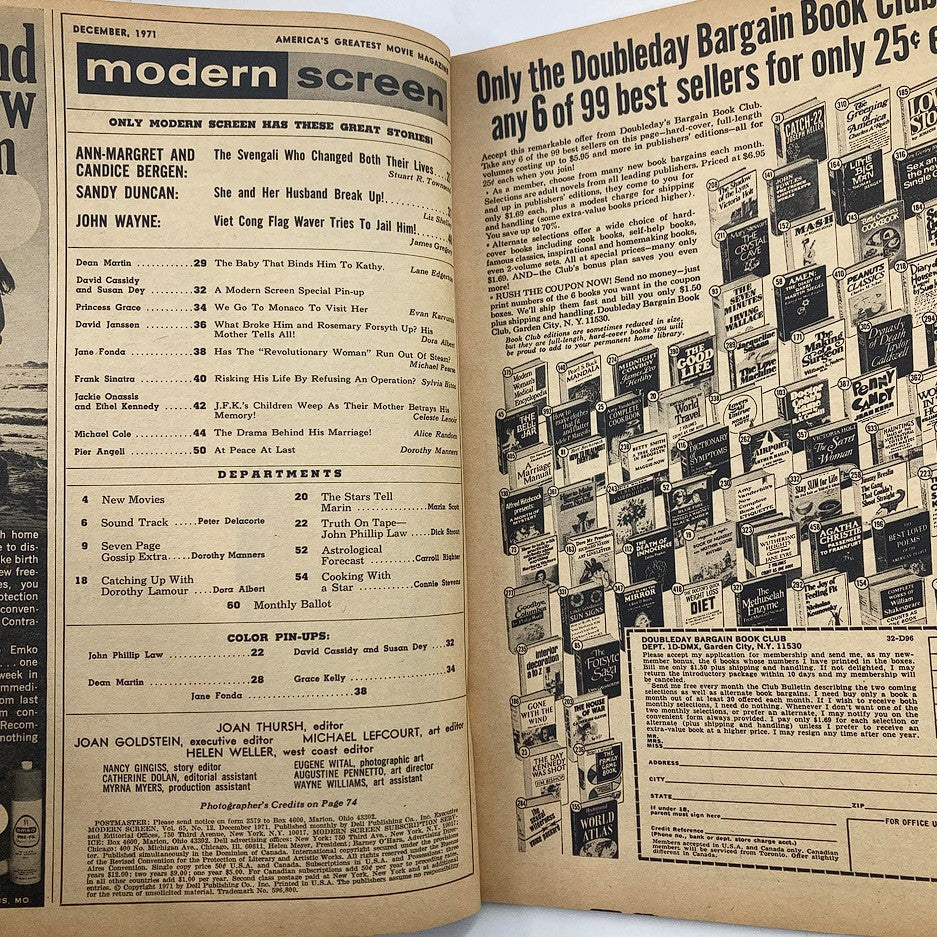 Inside page of VTG Modern Screen Magazine December 1971 Vol 65 #12 displaying the table of contents, showcasing featured stories and advertisements from the era.