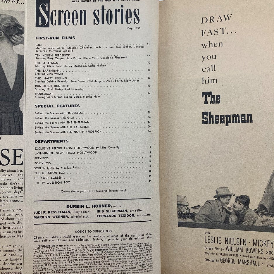 Inside page of VTG Screen Stories Magazine May 1958 displaying the contents and features, including articles about first-run films and classic movie stars.