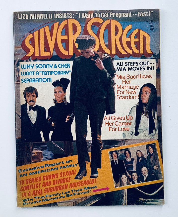 Cover of VTG Silver Screen Magazine April 1973 Vol 43 #4 featuring Mia Farrow, Sonny, and Cher, highlighting articles and images from the glamorous early 1970s.