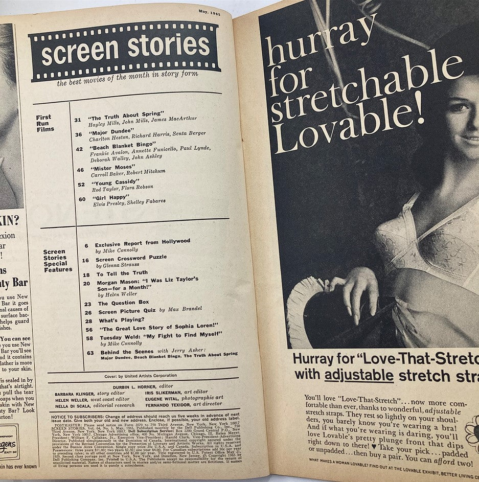 Interior page of VTG Screen Stories Magazine May 1965, displaying film summaries and advertisements, a glimpse into mid-20th century entertainment.