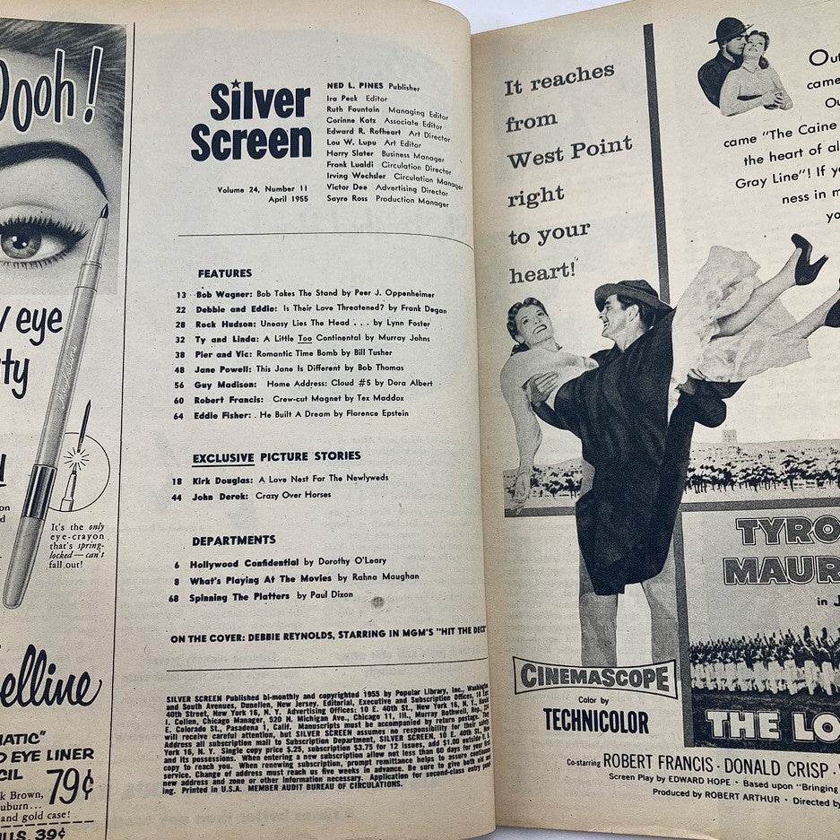 Inside page of VTG Silver Screen Magazine April 1955, showcasing various articles and features, including a mention of Debbie Reynolds.