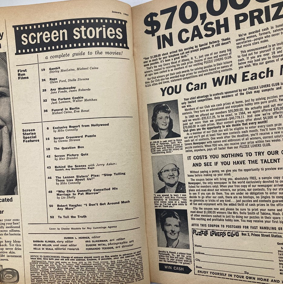 Inside page of VTG Screen Stories Magazine January 1967, displaying contents and advertisements, capturing the essence of vintage magazine culture.