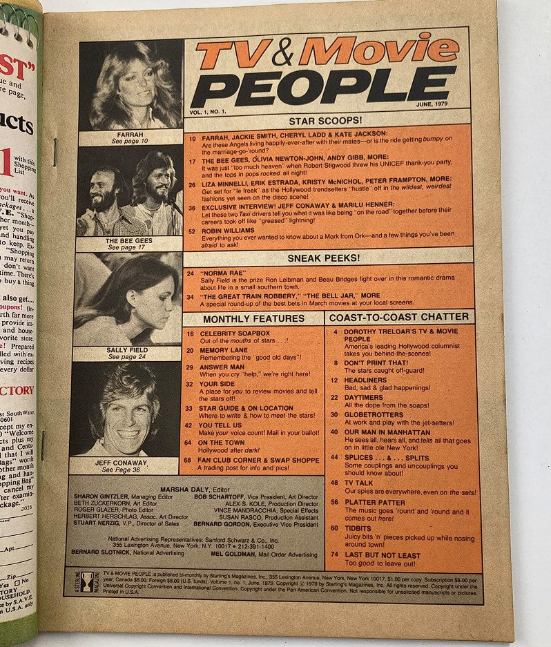 Interior page of VTG TV & Movie People Magazine from June 1979, Vol 1 #1, featuring Farrah Fawcett and articles on popular stars like the Bee Gees and Sally Field, highlighting the vibrant pop culture of the late 1970s.