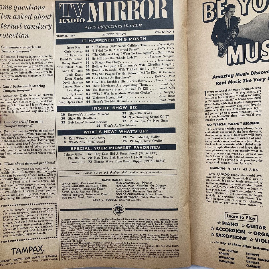 Inside pages of the VTG TV Radio Mirror Magazine February 1967, displaying articles and content details from Volume 67, Issue #3.