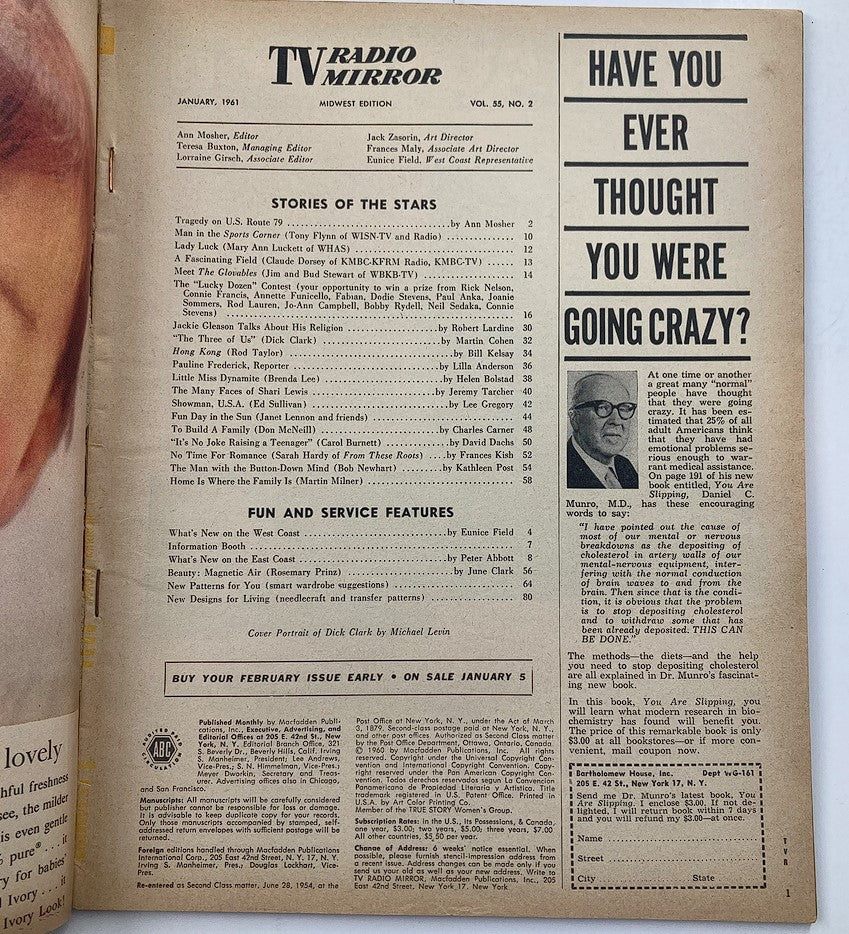 Inside page of VTG TV Radio Mirror Magazine January 1961, Volume 55 Issue 2, displaying the table of contents with stories about stars and features in classic television.
