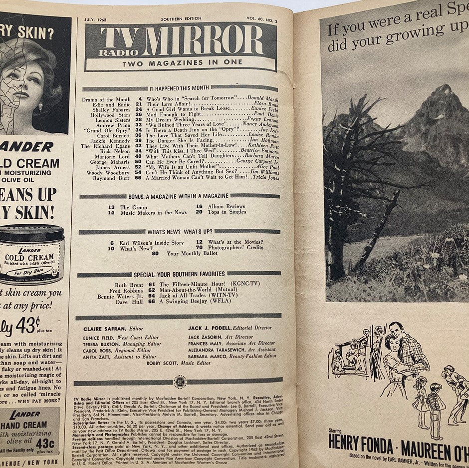VTG TV Radio Mirror Magazine July 1963, internal pages showing articles and magazines listings, part of Volume 60, Number 2.