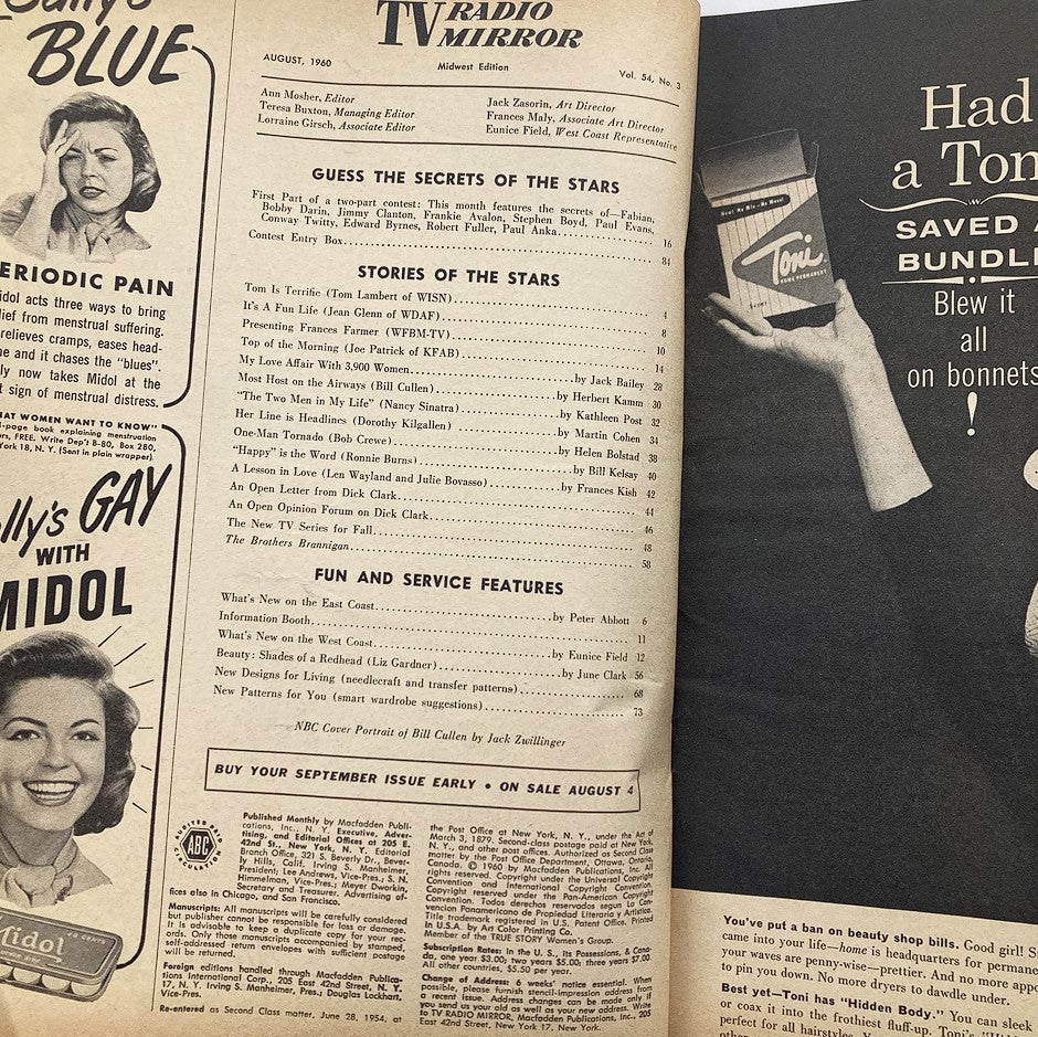 Interior page of VTG TV Radio Mirror Magazine August 1960, Volume 54, Number 3, featuring articles and stories about the entertainment industry.