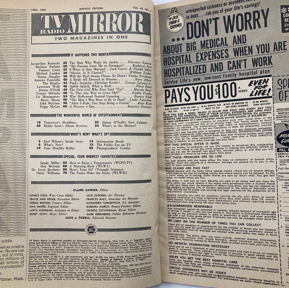 Inside pages of VTG TV Radio Mirror Magazine April 1965, Volume 63, Issue #5, highlighting articles and features from the era.