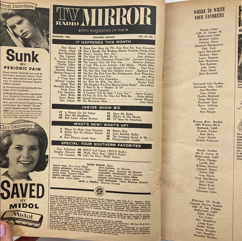 Inside pages of VTG TV Radio Mirror Magazine December 1966, Volume 67, Number 1, revealing articles and content layout related to pop culture and entertainment.