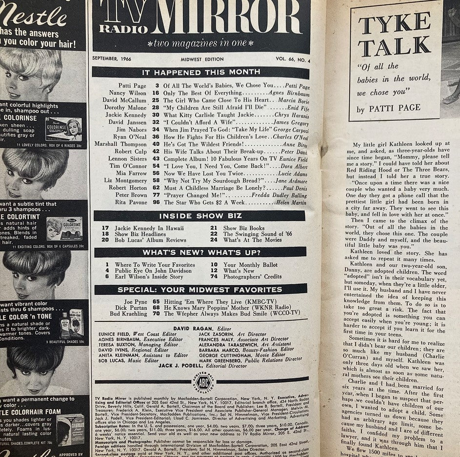 Inside page of the VTG TV Radio Mirror Magazine September 1966 displaying contents and showbiz news, including highlights of the month.