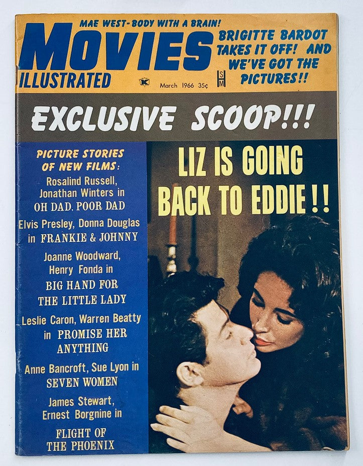 VTG Movies Illustrated Magazine March 1966 featuring Liz Taylor and Eddie Fisher on the cover with highlights about various films.