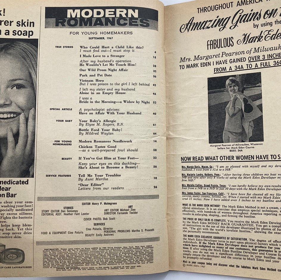 Interior page of VTG Modern Romances Magazine September 1967 showing the table of contents, including various stories and articles focused on romance and homemaking.