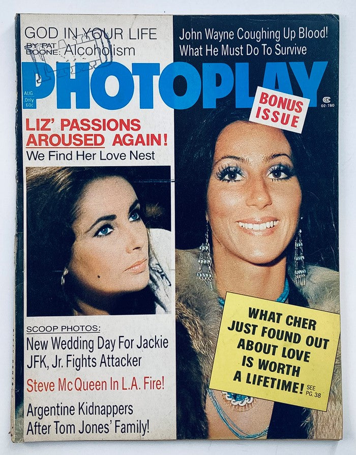 Cover of the VTG Photoplay Magazine August 1974 Vol 86 #2 featuring Cher and Elizabeth Taylor, showcasing their iconic looks and highlighted articles on celebrity culture of the 1970s.