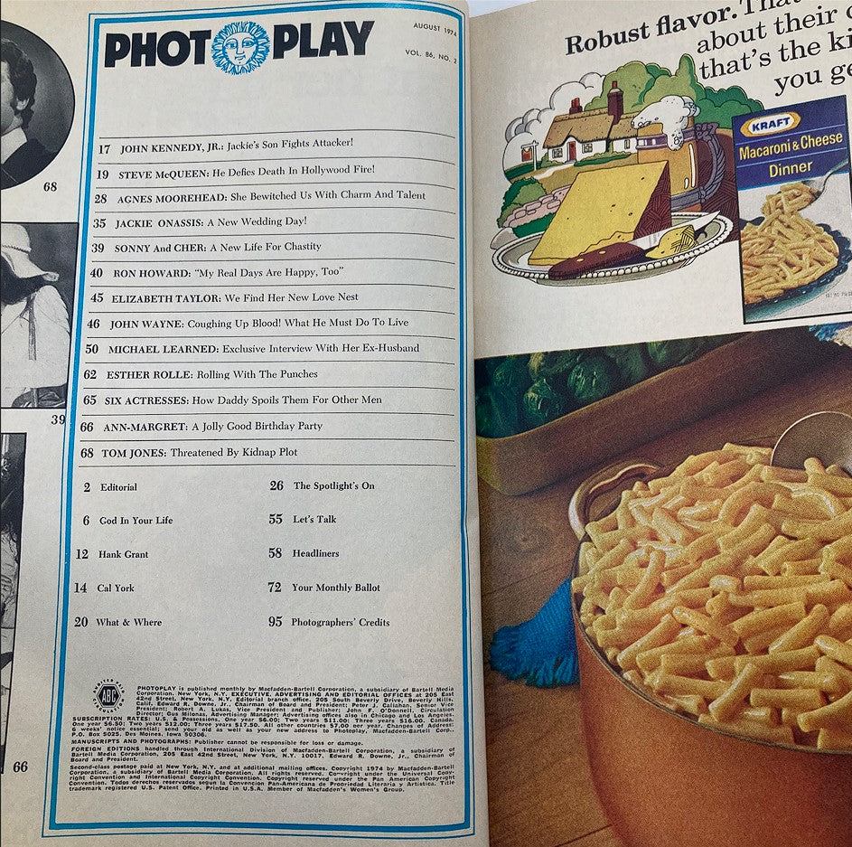 Inside page of VTG Photoplay Magazine August 1974 Vol 86 #2 featuring a contents section highlighting articles on Cher, Elizabeth Taylor, and classic Hollywood stars. The page showcases a vintage aesthetic with advertisements, making this magazine a valuable collectible for fans of 1970s cinema.