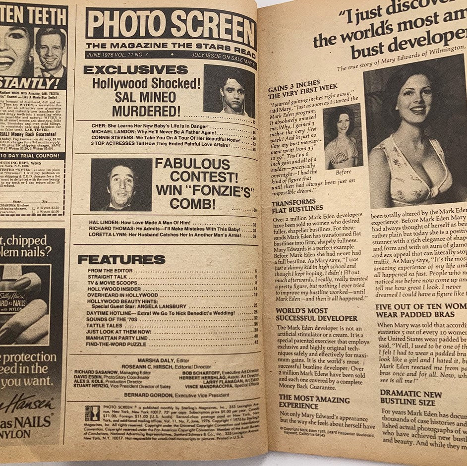 Inside page of VTG Photo Screen Magazine June 1976 Vol 11 #7 featuring articles and features from the era, including celebrity news and contests. The magazine highlights iconic personalities and captures the essence of mid-1970s pop culture, making it a collectible piece.