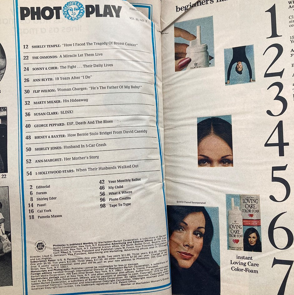 Photoplay Magazine February 1973 Vol 83 #2 featuring Sonny and Cher, showcasing the table of contents with various articles including exclusive interviews and features.