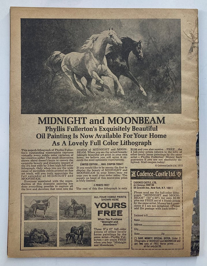 Back cover of the Photoplay Magazine February 1973 Vol 83 #2, advertising a lithograph painting titled 'Midnight and Moonbeam' by Phyllis Fullerton.