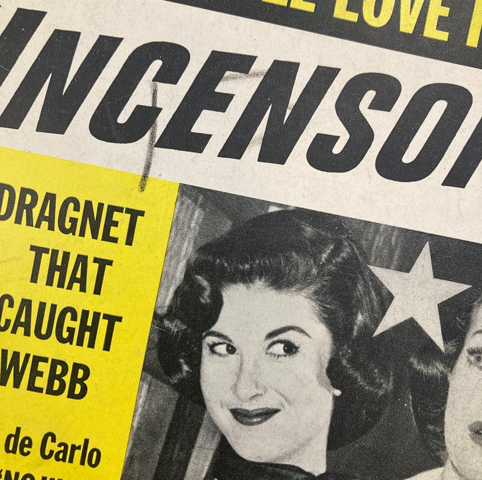Close-up of the cover of VTG Uncensored Magazine August 3 1955 Vol 3 #3 highlighting a playful image of Joan Bennett with bold yellow and black text.