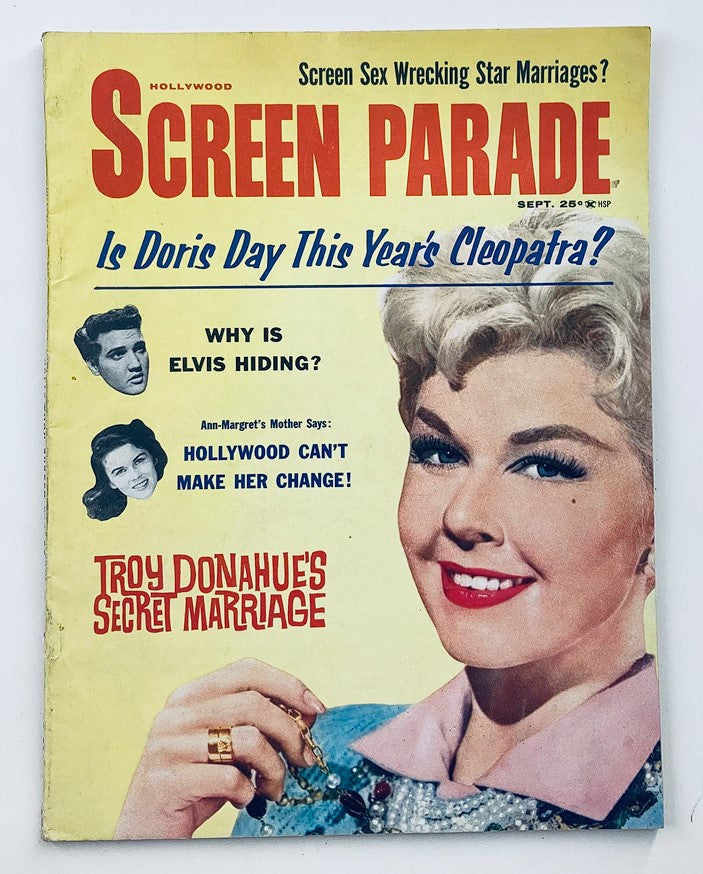 Cover of VTG Hollywood Screen Parade Magazine September 1963 featuring Doris Day, with headlines about star marriages and celebrity news.