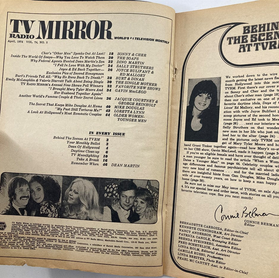 Inside page of VTG TV Radio Mirror Magazine April 1974 Vol 74 #5 displaying the table of contents. Highlights include articles on Sonny & Cher, Dean Martin, and other significant television personalities of the era.
