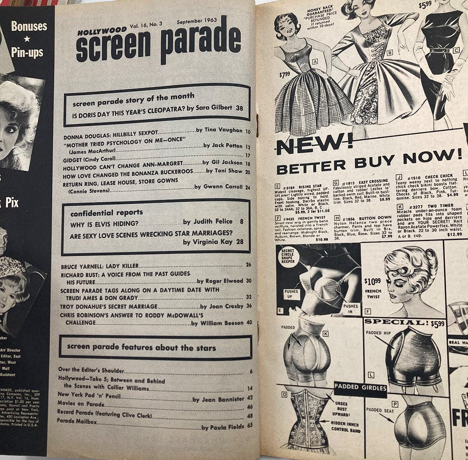 Inside pages of VTG Hollywood Screen Parade Magazine September 1963 showcasing articles, features, and advertisements related to classic Hollywood.