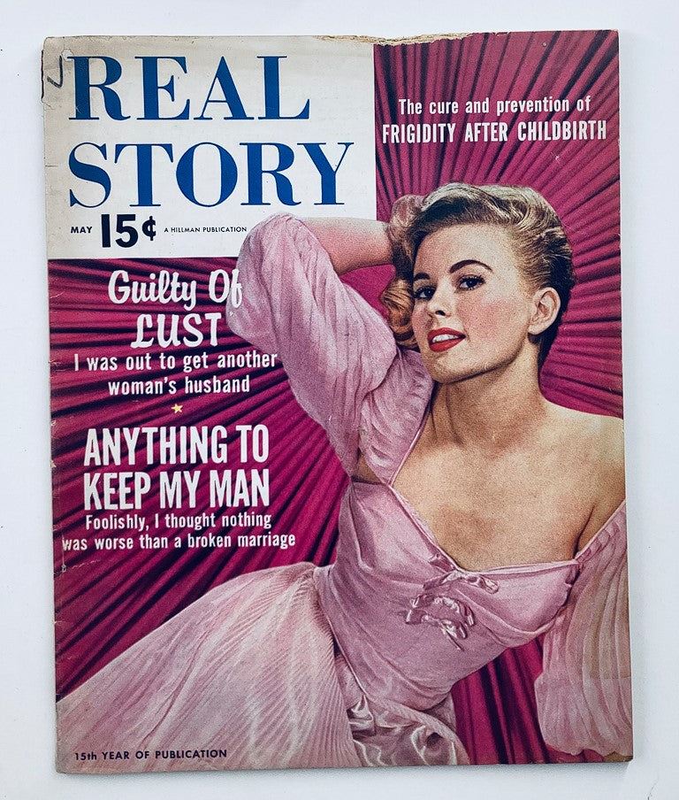 VTG Real Story Magazine May 1957 Vol 16 #7 featuring a glamorous woman on the cover, discussing themes of love and relationships.
