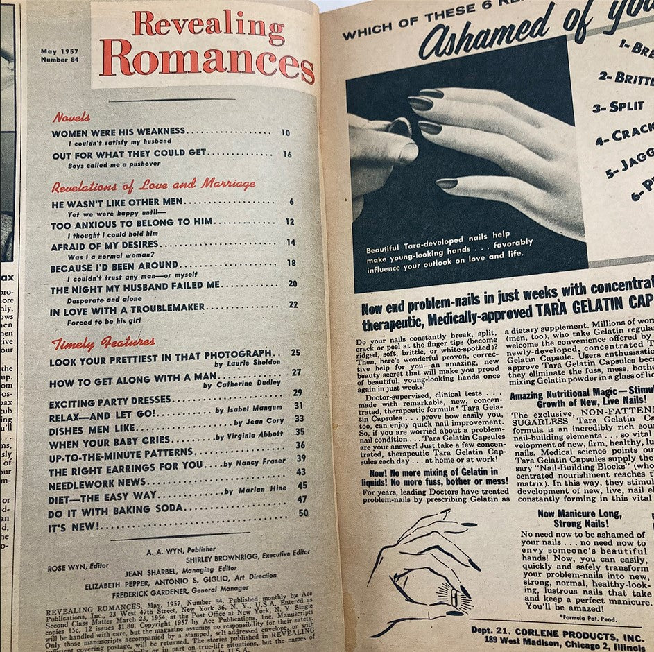 Interior page of VTG Revealing Romances Magazine May 1957, displaying the table of contents with section titles and themes from the issue.