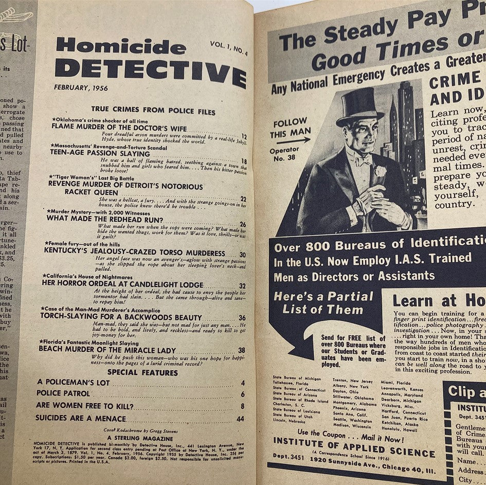 Inside page of the VTG Homicide Detective Magazine February 1956 displaying the table of contents, featuring stories related to crime and investigations.