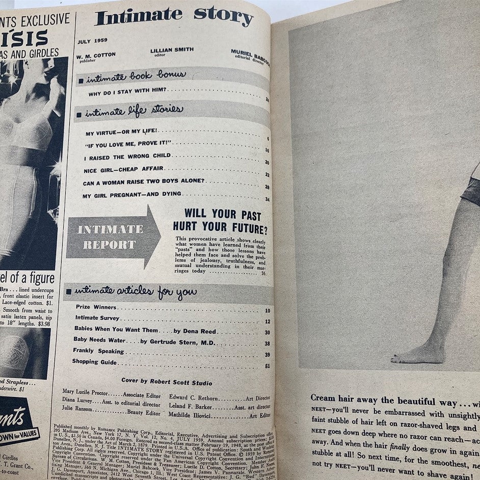 Interior page of VTG Intimate Story Magazine July 1959 showcasing the table of contents featuring articles such as 'My Girl Pregnant, Dying' and other intimate life stories.