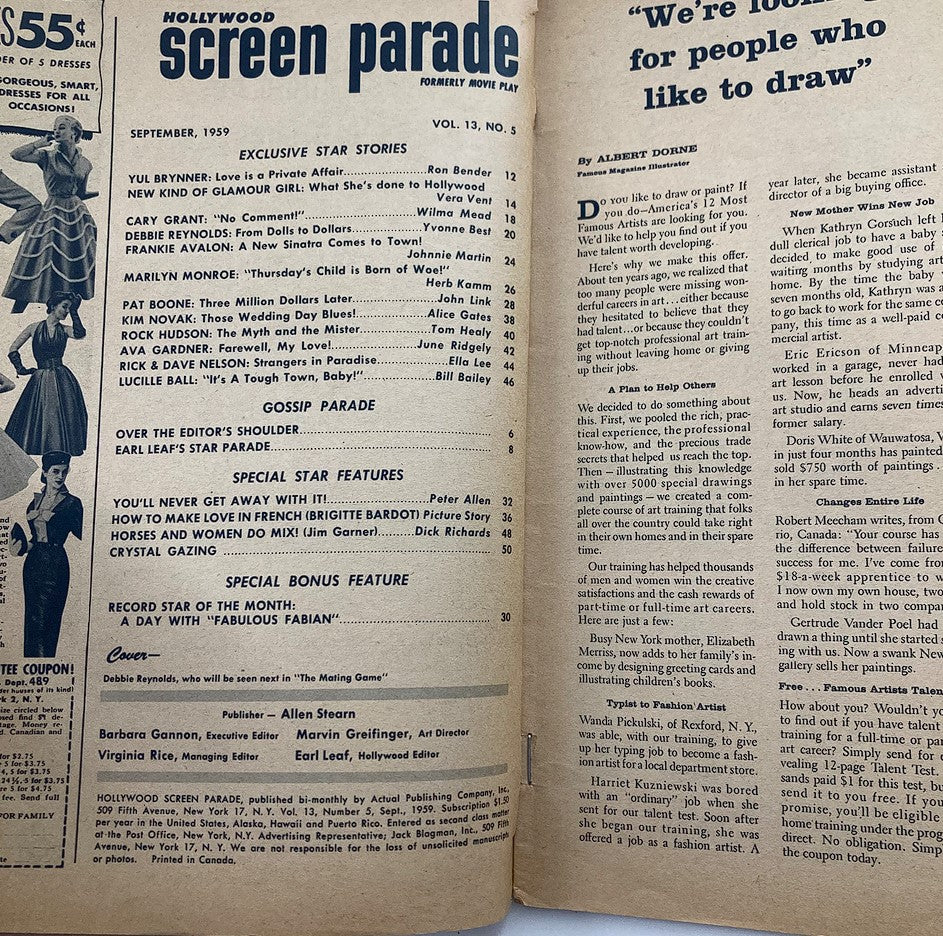 Inside page of the September 1959 Vintage Hollywood Screen Parade magazine showcasing exclusive star stories and articles with a focus on Debbie Reynolds.