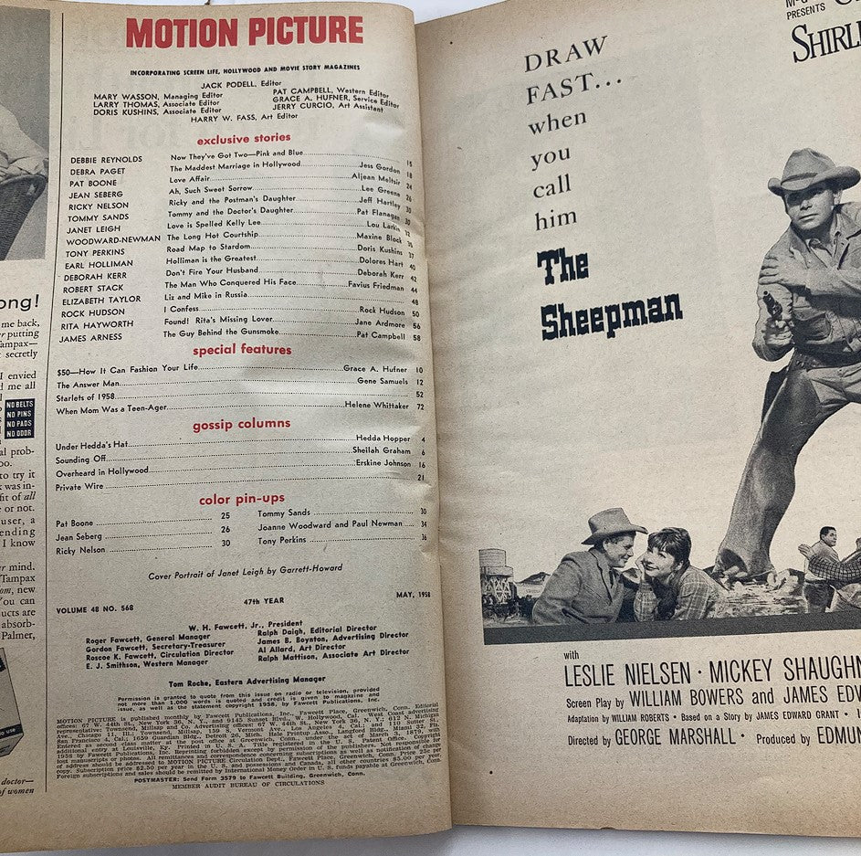 Inside page of VTG Motion Picture Magazine May 1958 Vol 48 #568, displaying editorial content and features related to the film industry of the late 1950s.
