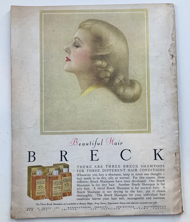 Vintage advertisement for Breck Shampoo featuring a profile of a glamorous woman with beautiful hair, illustrating hair care products for different hair conditions. Part of the VTG Photoplay Magazine January 1954 Vol 45 #1, featuring Esther Williams in Easy to Love.
