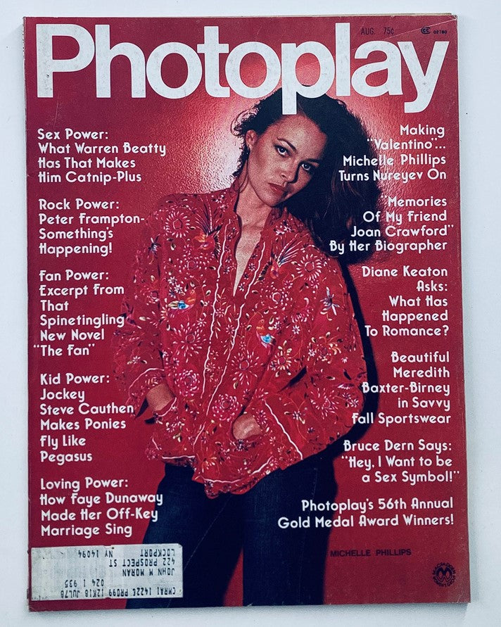 Cover of VTG Photoplay Magazine August 1977 Vol 91 #8 featuring Michelle Phillips in a red floral outfit, showcasing articles about Hollywood stars and pop culture from the 1970s.