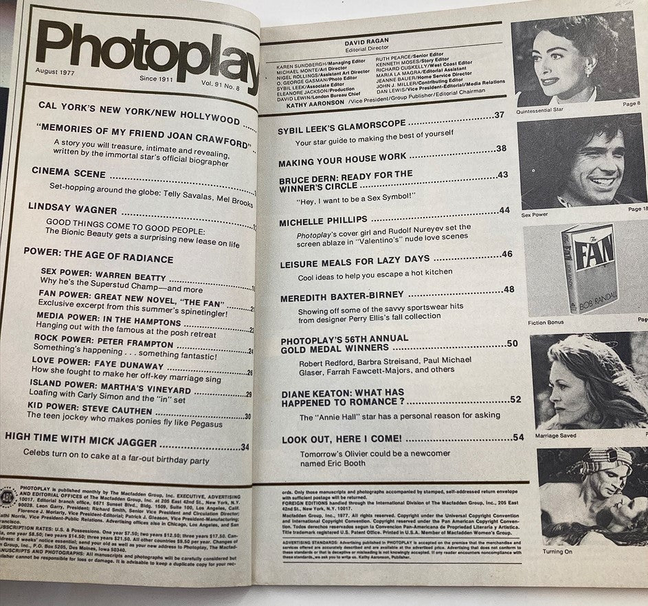 Inside page of VTG Photoplay Magazine August 1977 Vol 91 #8, displaying the contents and articles including 'Memories of My Friend Joan Crawford' and features on Hollywood icons like Michelle Phillips.