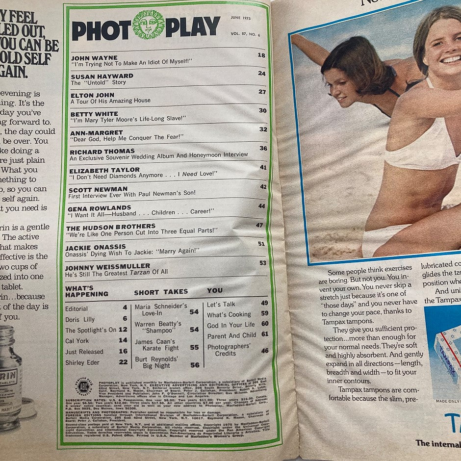 Inside of Photoplay Magazine June 1975 Vol 87 #6, displaying the table of contents with titles of articles including Ann-Margret's feature, along with other prominent stars from the 1970s like John Wayne and Elizabeth Taylor.