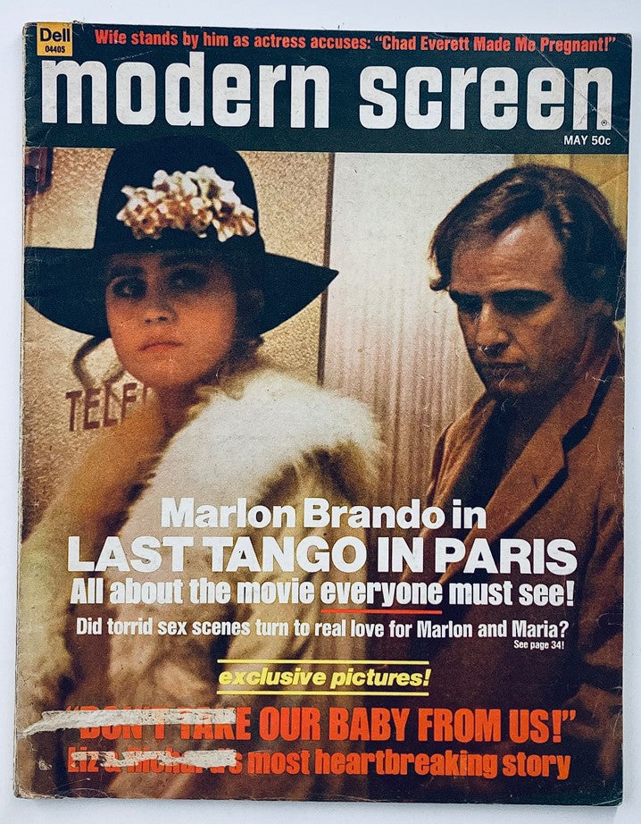VTG Modern Screen Magazine May 1973 featuring Marlon Brando in Last Tango in Paris on the cover, highlighting insights into the film and its impact on cinema.