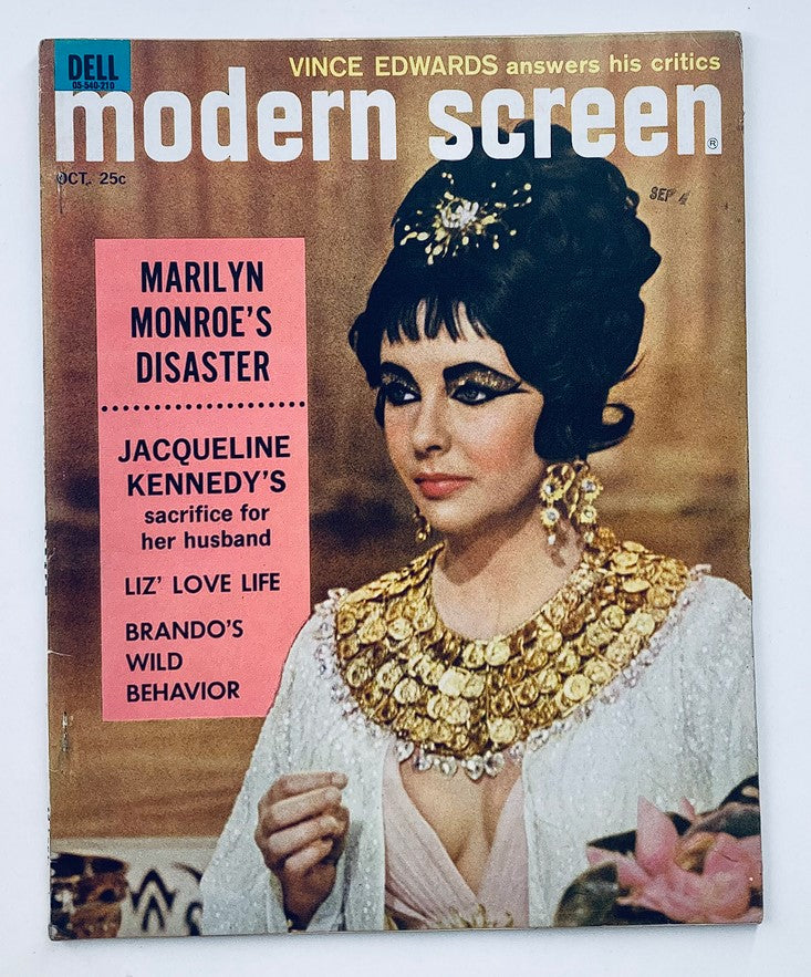 Cover image of VTG Modern Screen Magazine October 1962 featuring Elizabeth Taylor, showcasing vibrant colors and classic 1960s Hollywood glamour.