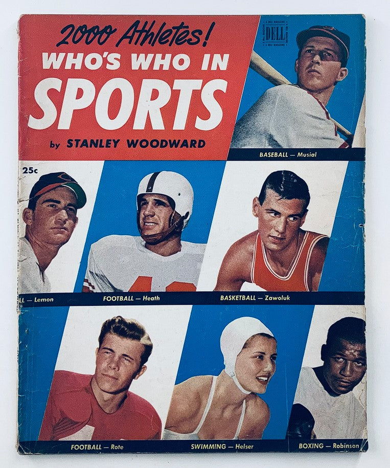 Cover of VTG Dell Magazine Who's Who in Sports 1952 featuring athletes from various sports, including a football player, baseball players, swimmers, and boxers, showcasing the vibrant design and historical significance of this vintage collectible.