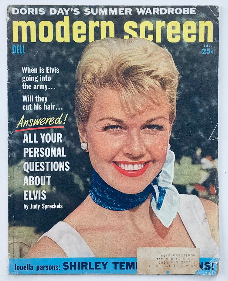 Cover of VTG Modern Screen Magazine July 1957 Vol 51 #7 featuring Doris Day and a stunning photo of Shirley Temple, highlighting 1950s Hollywood glamour.