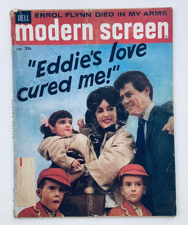 Cover of VTG Modern Screen Magazine January 1960 Vol 54 #1 featuring Liz Taylor and Eddie Fisher with the headline 'Eddie's love cured me!' and colorful illustrations of children.