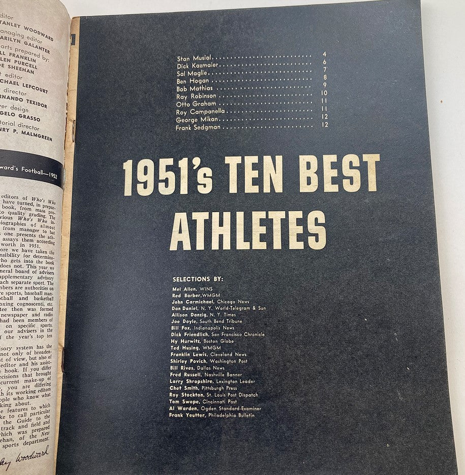 Inside page of VTG Dell Magazine Who's Who in Sports 1952, listing the '1951 Ten Best Athletes' and selections by prominent sports writers.