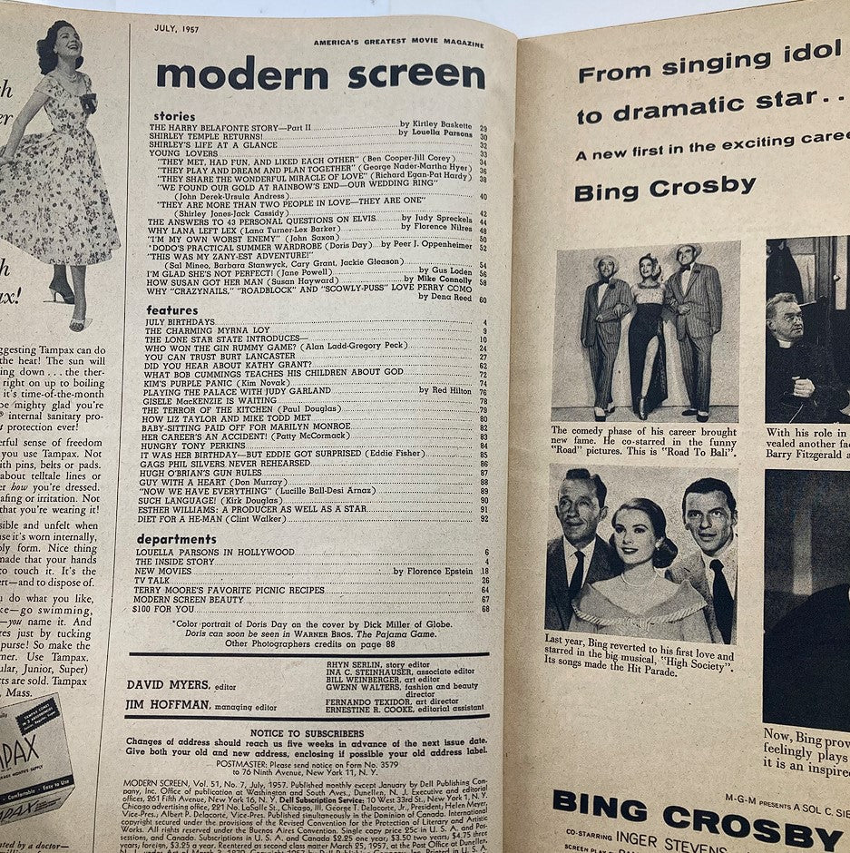 Inside pages of VTG Modern Screen Magazine July 1957 showcasing articles and features about iconic stars and events of the era, revealing the magazine's rich historical context.