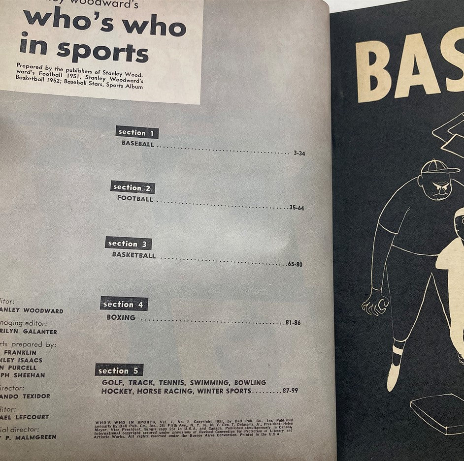 VTG Dell Magazine Who's Who in Sports 1952 Contents Page featuring sections on various sports like baseball, football, and boxing.