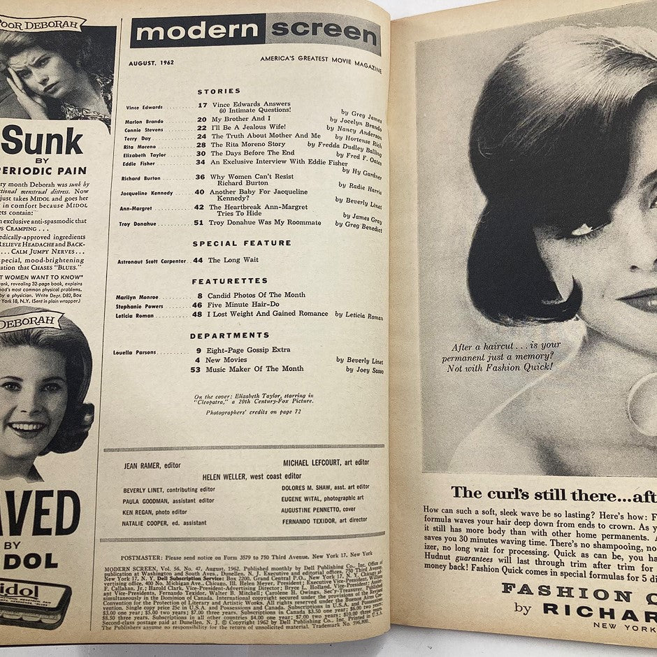 Interior page from VTG Modern Screen Magazine August 1962, displaying the contents and articles, including listings related to popular celebrities of the era.