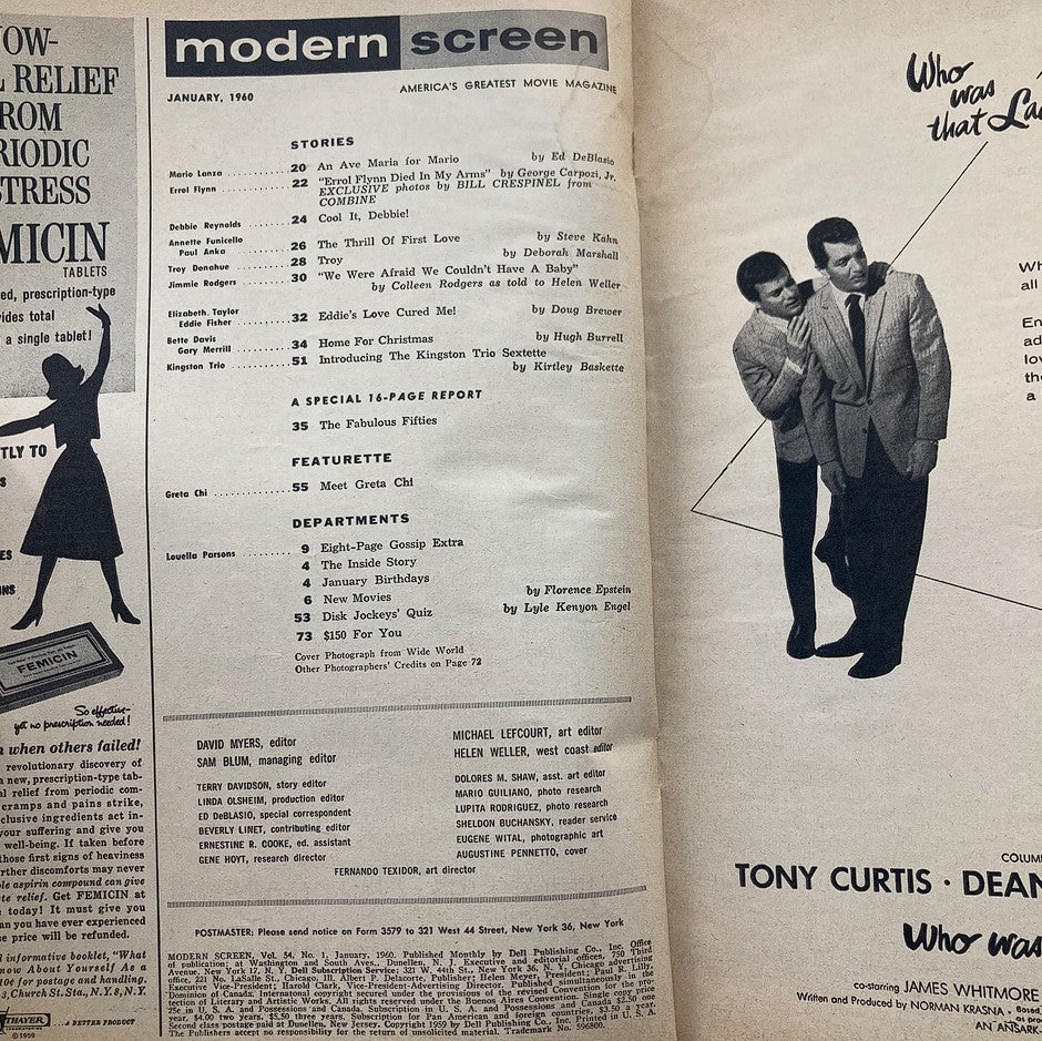 Interior page of VTG Modern Screen Magazine January 1960 Vol 54 #1 showcasing the table of contents and various articles related to classic movie stars, including detailed listings of featured stories.